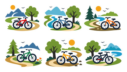 Fototapeta premium Six bicycle illustrations on scenic nature paths, depicting mountains, trees, rivers, and sun for outdoor adventure and eco-friendly travel