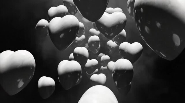 Black and white abstract floating hearts surreal cinematic background for themes of love and romance