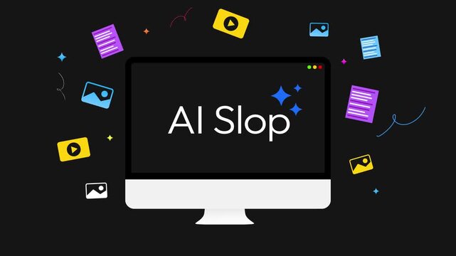 Digital content creation concept with computer screen showing AI slop and multimedia floating in 4k animation