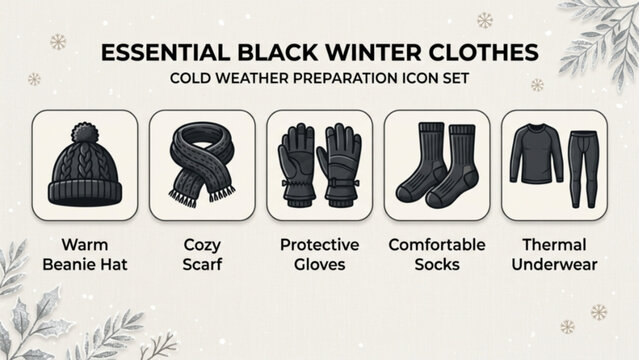 Essential black winter clothes icon set featuring warm beanie hat, cozy scarf, protective gloves, comfortable socks, and thermal underwear for cold weather preparation