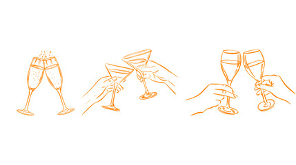 Three hand-drawn illustrations of hands clinking glasses of champagne and cocktails with line art white background celebration champagne cocktail new year © Sahazadi