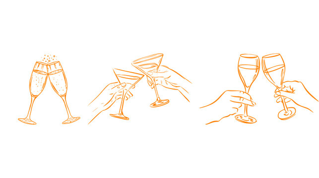 Three hand-drawn illustrations of hands clinking glasses of champagne and cocktails with line art white background celebration champagne cocktail new year