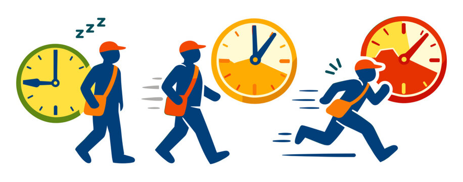 Courier showing progression from relaxed to hurried, rushing to deliver within a limited timeframe. Concept of urgency