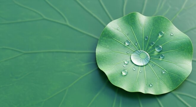 Close-up of a single water droplet on a vibrant green lotus leaf.