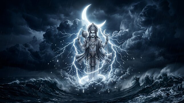 Chandra Hindu Moon God and Lunar Deity of Navagraha in Stormy Ocean