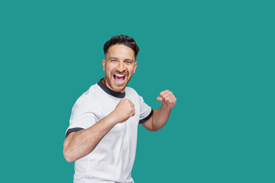 soccer fan on celebrating, isolated on free colorful background