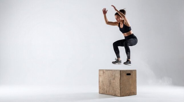 athletic caucasian woman performing high box jump in studio. plyometric exercise, fitness workout. strength, power, agility training. banner, website header with copy space.