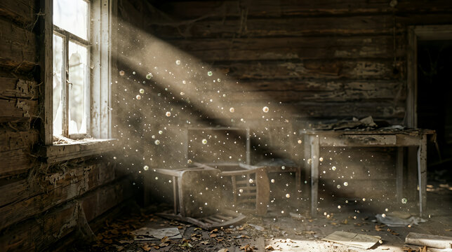 Dramatic light beam piercing through a window into a dark abandoned wooden cabin room with broken furniture and floating dust