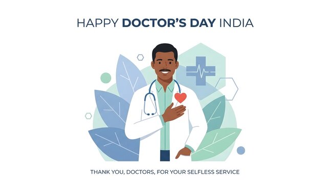 Happy doctor's day india greeting with male indian doctor holding heart thankful for selfless service.
