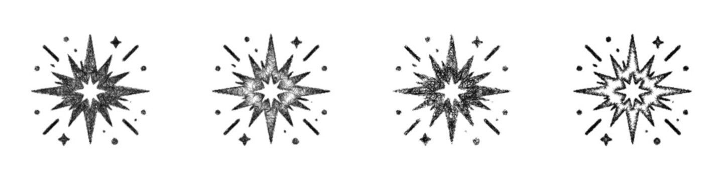 Black and white sketch magic explosion icon design set