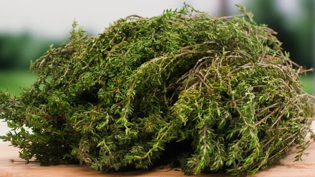 Green thyme bunch tied together, aromatic spices of dried thyme for use in cooking and folk medicine, herbal tea, kitchen. 