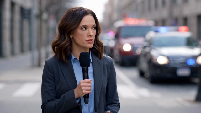 Woman reporter broadcasting news from city street. Journalist with microphone covering breaking event. Professional news correspondent reporting in urban environment.