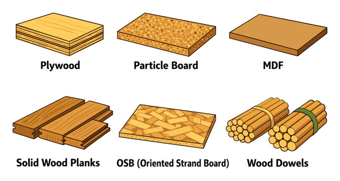 Illustrating various wood products used in construction, DIY projects, and furniture making on a white background