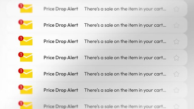 Price drop alerts for cart items with email and stars for shopping deals, scrolling 4k animation