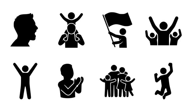 Minimal cheering vector silhouettes with happy crowd child on shoulders and celebration icons
