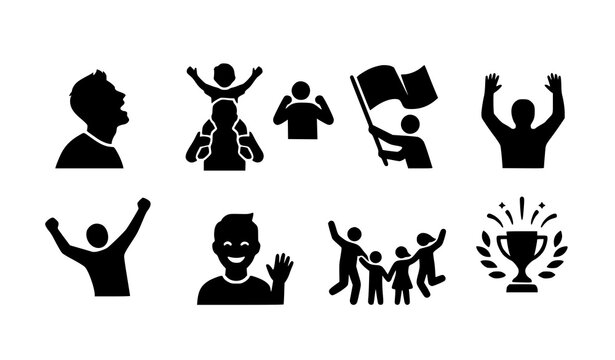 Modern cheering icon collection with shouting man child on shoulders and happy celebration vectors