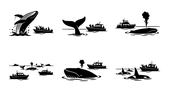 Whale Watching Vector Icons, Marine Mammal Encounters, Ocean Wildlife Tours, Set of 6