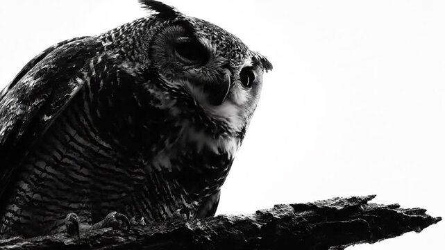Black and white close up of a Great Horned Owl perched on a branch looking down, hooting with white background