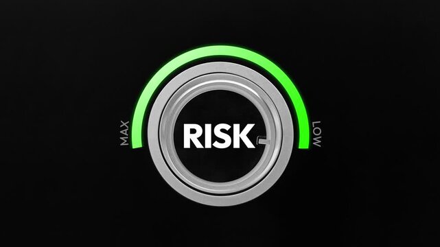 Risk management concept with dial showing risk levels from low to high on black background 4k animation for business strategy