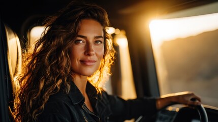 Fototapeta premium Confident female truck driver smiling warmly, sunlight highlighting strength and independence, in a truck cabin at sunset.
