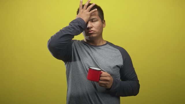 Young hispanic man holding red enamel mug, hand to forehead gesture with closed eyes in studio; tired morning groggy.