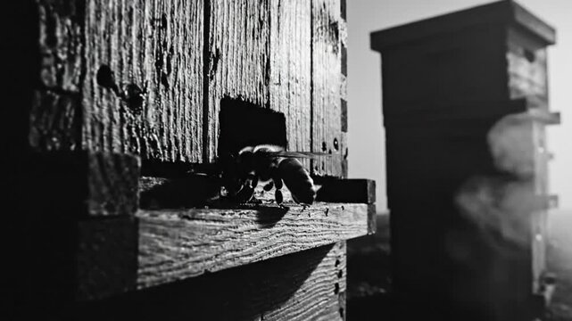 Black and white close up of a bee entering a wooden beehive with vapor rising in the background