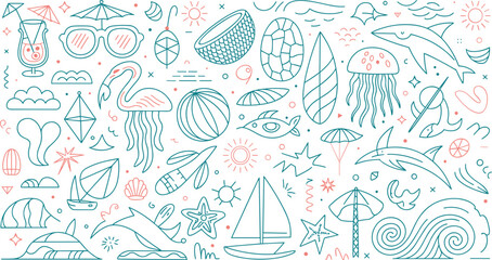 Naklejka premium Ocean doodle icons collection. Marine elements, summer beach vector illustration