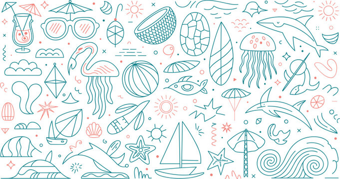 Ocean doodle icons collection. Marine elements, summer beach vector illustration