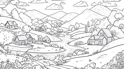 Obraz premium Black and white rural landscape drawing, houses, river, hills, trees