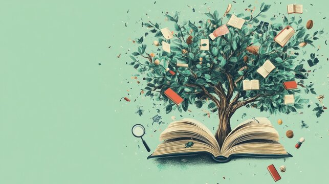 Open book with knowledge tree, creative concept, learning