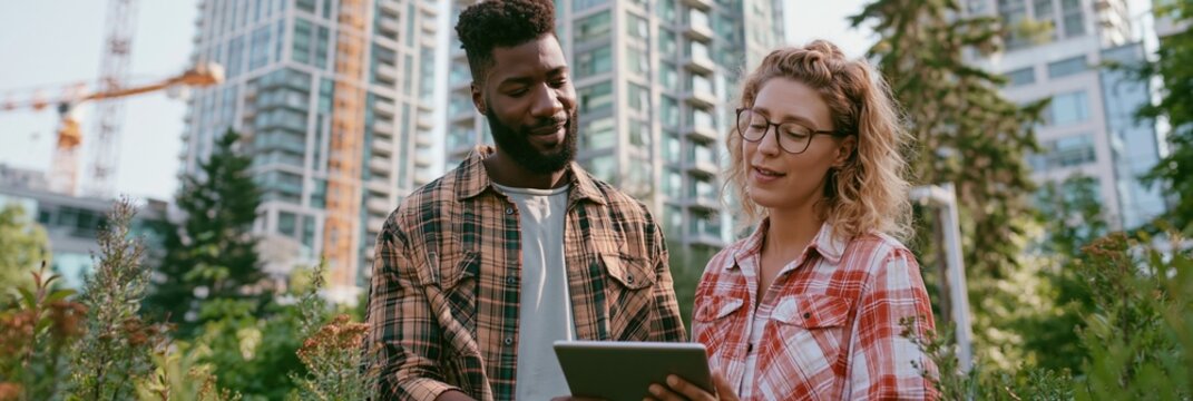 Collaborative duo examining a tablet layout for native shrub planting within a small urban pocket park surrounding construction cranes and apartment towers gently out of focus