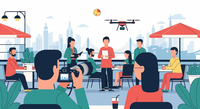 People filming a presentation with a drone overhead.