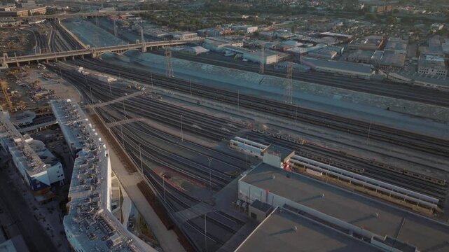 Railway Train Yard Los Angeles River and Indusrial Complex Drone Aerial Footage