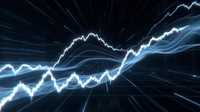 Glowing financial chart with neon lines in digital style on dark background, concept of data analysis and market trends