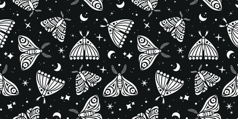 Black and White Seamless Night Pattern with decorative Moths and stars. Vector illustration Hand drawn  © AllNikArt
