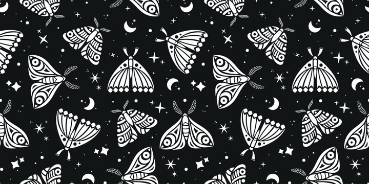 Black and White Seamless Night Pattern with decorative Moths and stars. Vector illustration Hand drawn	
