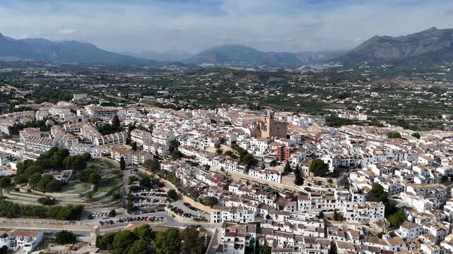 Aerial Panorama of Altea Old Town and Mountains in Spain