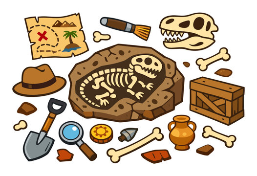 Dinosaur fossil excavation kit with all the necessary archeology tools. Discovering prehistoric remains, ancient bones, and artifacts concept
