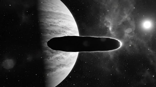 Black and white view of a cigar-shaped object near a planet in deep space with light effects and stars