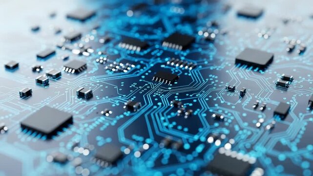 Abstract view of a complex electronic circuit board with microchips