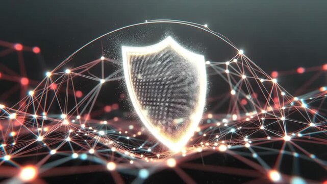 Glowing shield shape made of light dots in a futuristic style on dark network backdrop, concept of cybersecurity protection