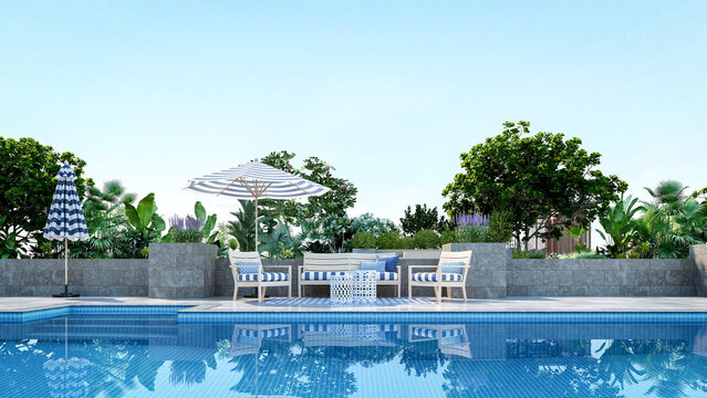 Luxury rooftop swimming pool with modern terrace lounge and city view, 3D Rendering