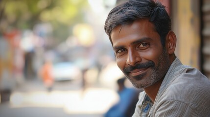 Obraz premium Indian Man Portrait with Dark Hair and Beard Smiling at Camera
