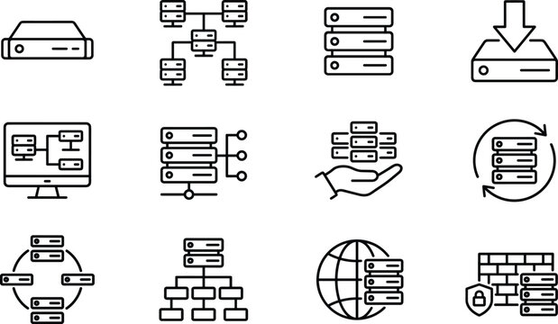 Black and white server and data management icon collection featuring storage units, global connectivity, synchronization, security, and network architecture designs