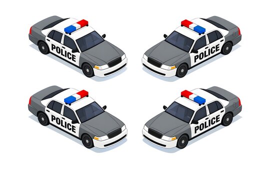 Four isometric views of a classic gray and white police patrol car featuring rooftop emergency lights and bold lettering clearly marking the vehicle as law enforcement