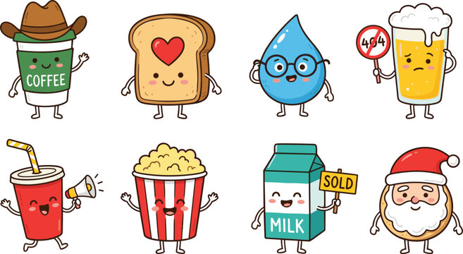 Cute Kawaii Food and Drink Mascot Character Set Holding Various Signs and Posing for Creative Marketing Layouts