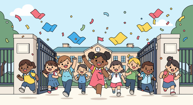 Happy diverse children running out of school gates with books flying.