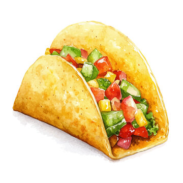 Taco, whimsical watercolor vector illustration with vibrant highlights and delicate strokes, isolated on a white background.
