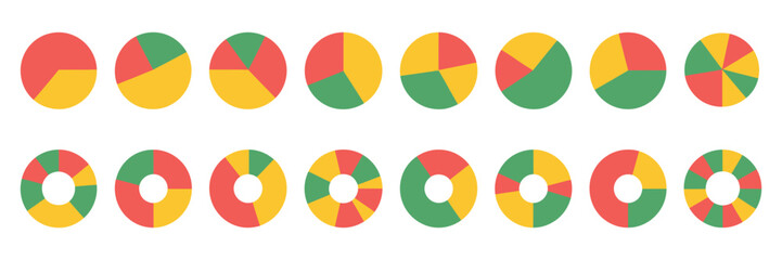 Fototapeta premium Colorful Pie Chart Collection with Varying Segments for Business Statistics, Reporting, and Infographic Design Elements.