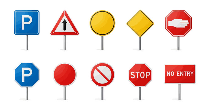 Collection of various traffic and road signs, including parking, yield, stop, and no entry symbols